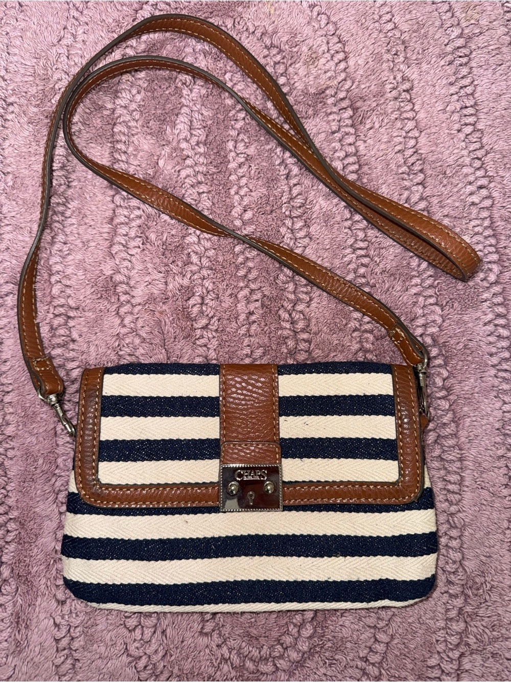 Chaps Navy and Cream Striped Crossbody with Brown Trim